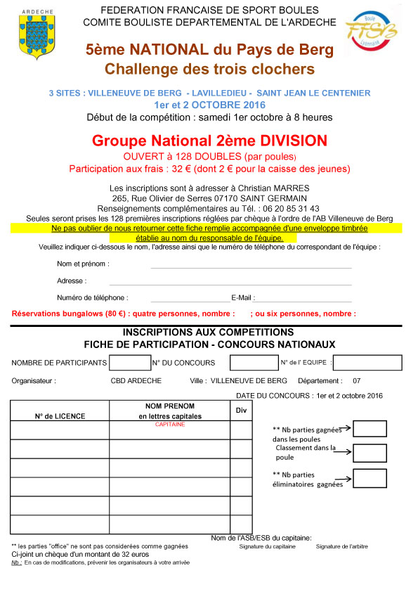 Fiches d’inscriptions au National des Trois clochers (canton de Villeneuve de Berg)