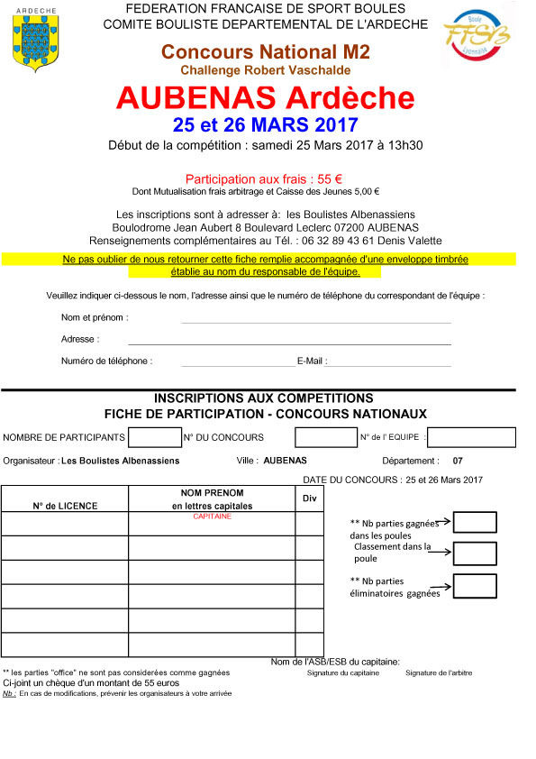 Fiches d’inscriptions au National « Robert Vaschalde » à Aubenas