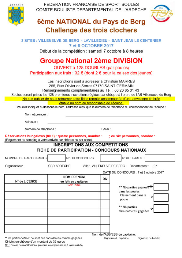 Fiches d’inscriptions au National des Trois clochers (canton de Villeneuve de Berg)