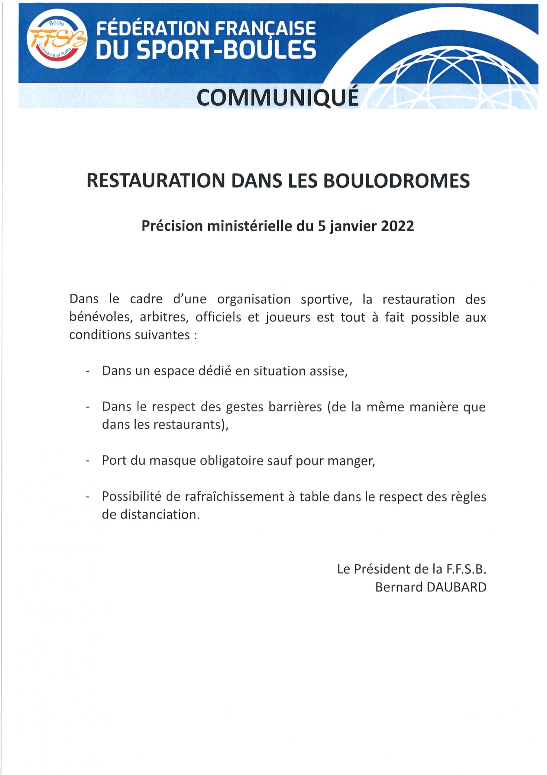 Précision ministérielle du 5 janvier 2022 quant à la restauration dans les boulodromes