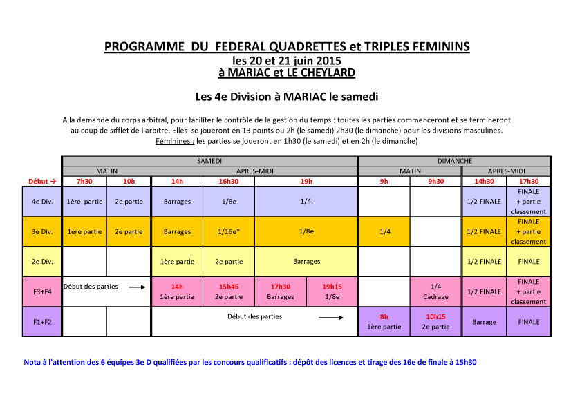 Rappel pour le fédéral quadrette de ce week-end