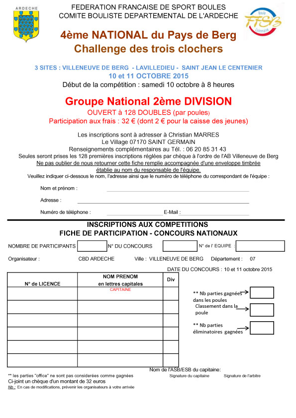 Fiches d’inscriptions au National de Villeneuve de Berg