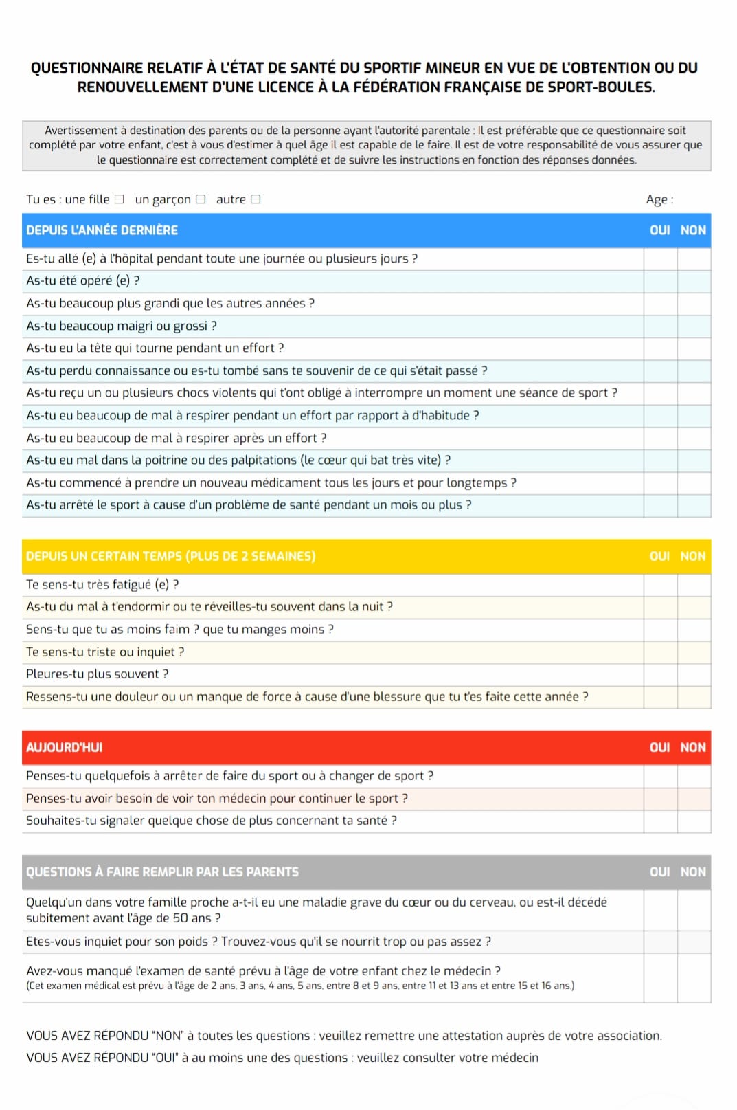 Questionnaire santé FFSB Jeunes