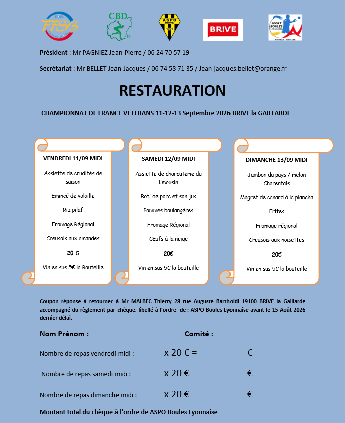 URGENT Restauration : Réservations Repas CDF Vétérans et Finale des AS 3 et 4D Brive La Gaillarde